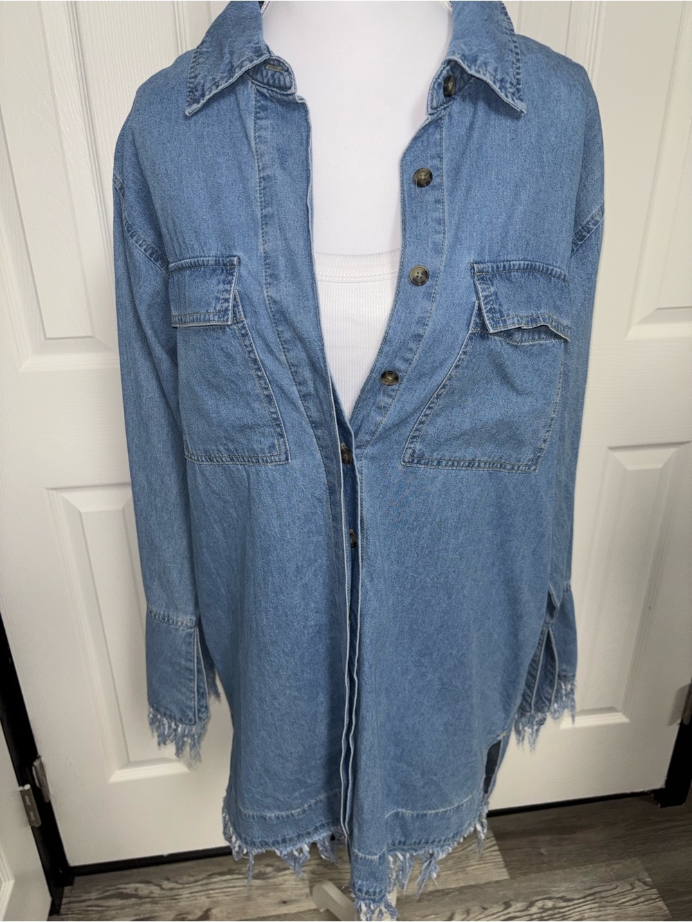 Forever 21 Light Blue Long Denim Jacket with Frayed Hem